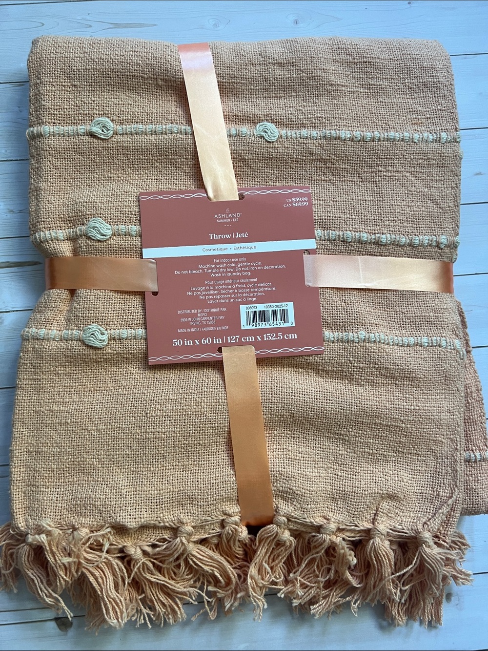 Ashland Peach Ribbon-Trim Textured Throw with Fringe